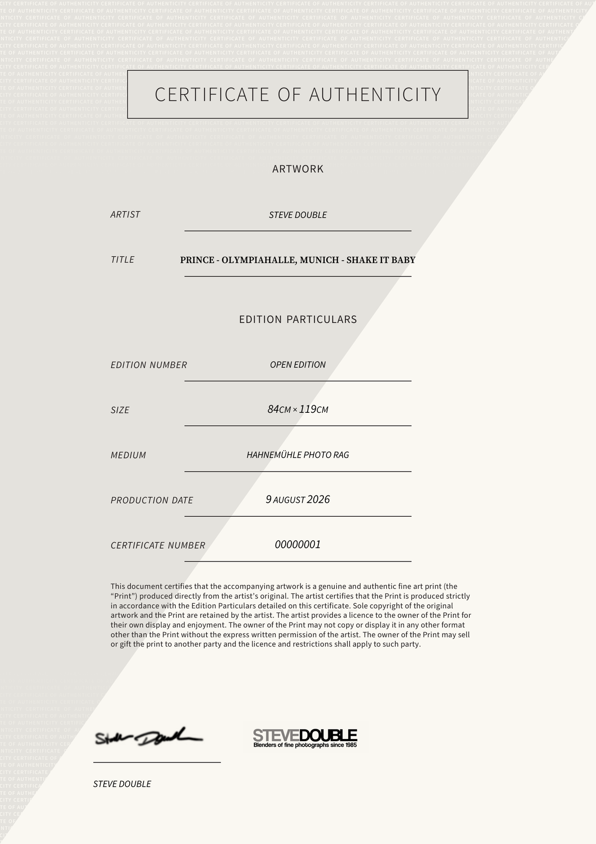 Prince - Olympiahalle, Munich - Shake It Baby — Certificate of Authenticity